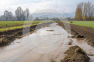 farm field with runoff from recent rain storm, rivers and streams visible in the background