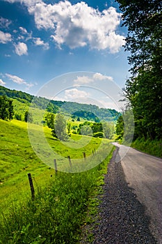 Farm fields along a dirt road in the rural Potomac Highlands of