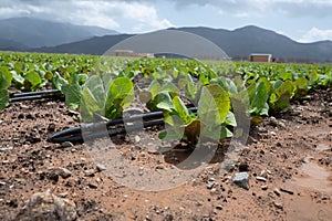 Farm fields with fertile soils and rows of growing  green lettuce salad in Andalusia, Spain