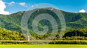 Farm fields and view of the Blue Ridge Mountains in the Shenandoah Valley, Virginia.