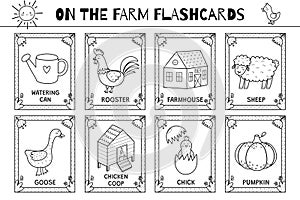 On the farm flashcards black and white collection. Flash cards for coloring in outline