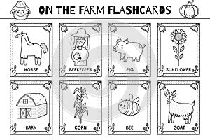 On the farm flashcards black and white collection. Flash cards set for coloring