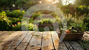 Farm Fresh Bounty: Harvest Basket on Wooden Table in Morning Sunlight