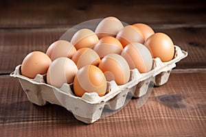 Farm-fresh brown eggs in factory packaging on a textured wooden background