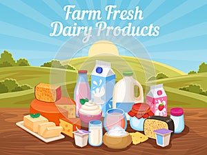 Farm fresh dairy products. Natural cow milk, cheese and yogurt in rural landscape with countryside field. Village