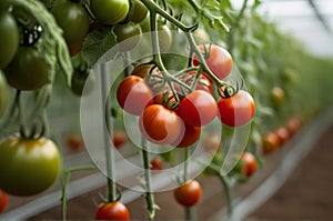 Farm-Fresh Delight: Harvesting Vibrant Red and Green Tomatoes from a Lush Greenhouse.