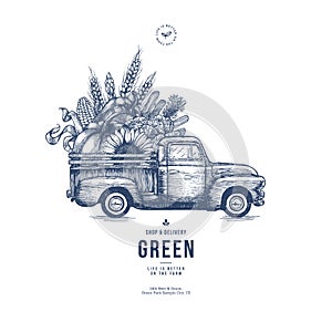 Farm fresh delivery design template. Classic vintage pickup truck with organic vegetables. Vector illustration