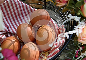 Farm Fresh Eggs in Basket with Straw, Wreath of Flowers, Gathering Rustic Farmhouse Countryside Homestead