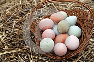 Farm fresh eggs in rustic basket on straw