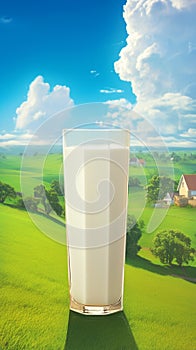 Farm fresh goodness Glass of milk against a blurred pastoral landscape