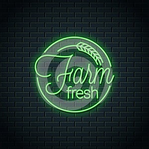 Farm fresh neon logo. Farm eco produce neon stamp