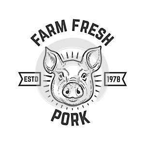 Farm fresh pork meat. Label template with pig meat