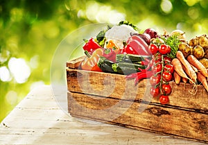 Farm fresh vegetables in a wooden crate