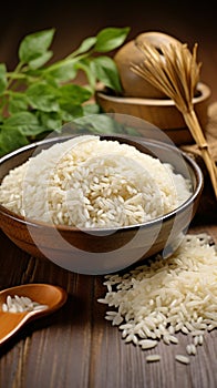 Farm freshness Jasmine white rice in wooden bowl exudes natural charm