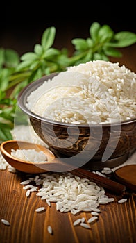 Farm freshness Jasmine white rice in wooden bowl exudes natural charm