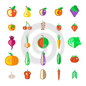 Farm fruits and vegetables flat vector icons set