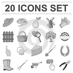 Farm and gardening monochrome icons in set collection for design. Farm and equipment vector symbol stock web