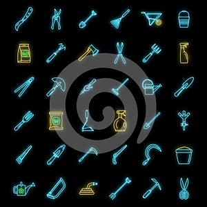 Farm gardening tools icon set vector neon