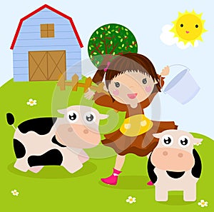 Farm girl and cows