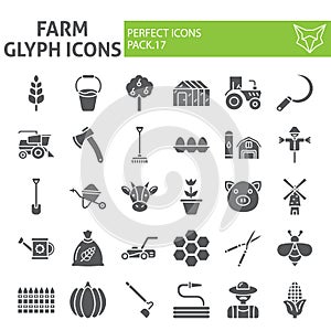 Farm glyph icon set, agriculture symbols collection, vector sketches, logo illustrations, gardening signs solid