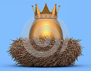 Farm gold egg with gold royal king crown in bird nest on blue background