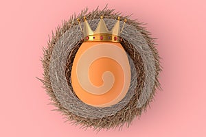 Farm gold egg with gold royal king crown in bird nest on pink background