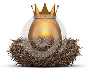 Farm gold egg with gold royal king crown in bird nest on white background