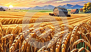 Farm golden sunset wheat head field autumn harvest