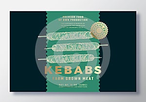 Farm Grown Kebab Food Vector Packaging Label Design Template. Modern Typography Banner, Hand Drawn Ham Meat Sketch