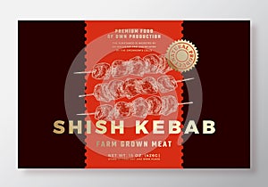 Farm Grown Shish Kebab Food Vector Packaging Label Design Template. Modern Typography Banner, Hand Drawn Ham Meat Sketch