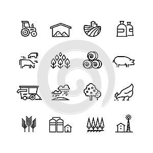 Farm harvest linear vector icons. Agronomy and farming pictograms. Agricultural symbols