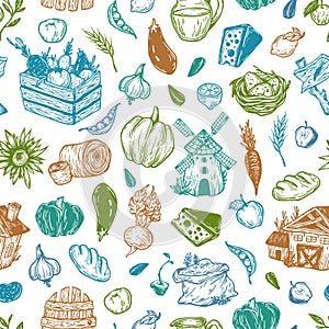 Farm, harvest, vegetables and fruits. Pattern