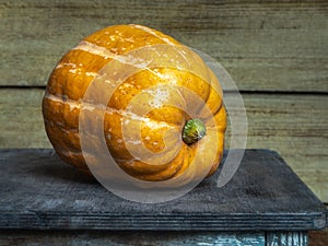 Farm harvest. Yellow pumpkin lying on an old stool