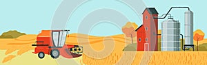 Farm harvester, harvest agriculture, field landscape, summer nature background, design, in cartoon style vector