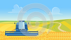 Farm harvester working, harvesting wheat from countryside yellow cereal farmland field