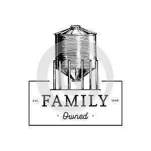 Farm hopper logo. Family Owned lettering in vector