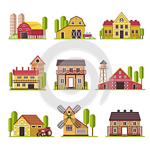 Farm house with grain and fodder barn or cattle corral vector cartoon flat icons set