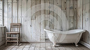 Farm house interior design of bathroom with a classic white clawfoot bathtub, rustic wooden chair, distressed white walls