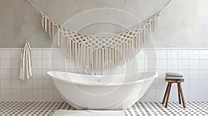 Farm house interior design of bathroom minimalist design, white freestanding bathtub, grey concrete walls, black and white