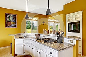 Farm house interior. White ktichen cabinet with granite top