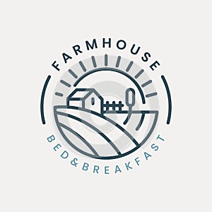 farm house logo vector with emblem illustration template design. with windmill, fence, and sun icon