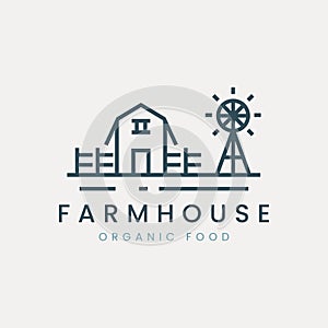 farm house minimalist logo vector illustration template design. with windmill and fence icon