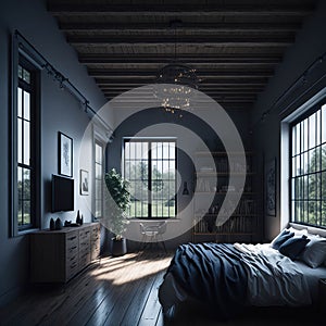 Farm House Modern Interior Of Bedroom With Hardwood Floor and High Ceiling, Large Windows, Generative AI