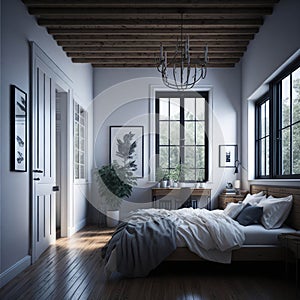 Farm House Modern Interior Of Bedroom With Hardwood Floor and High Ceiling, Large Windows, Generative AI