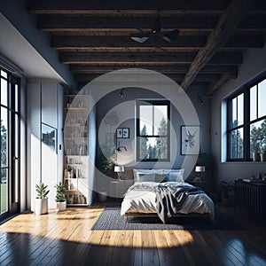 Farm House Modern Interior Of Bedroom With Hardwood Floor and High Ceiling, Large Windows, Generative AI