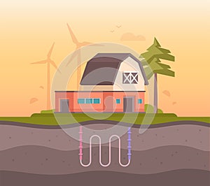 Farm house with sewage system - modern flat design style vector illustration