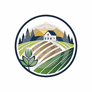 A farm with a house situated in the middle of the vast land, Create a logo for a vineyard resort that embodies sophistication and