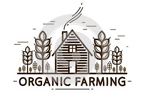 Farm house with spikes farming vector emblem or logo isolated on white background, woodhouse and wheat farm agriculture