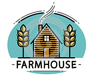 Farm house with spikes farming vector emblem or logo isolated on white background, woodhouse and wheat farm agriculture