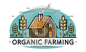 Farm house with spikes farming vector emblem or logo isolated on white background, woodhouse and wheat farm agriculture